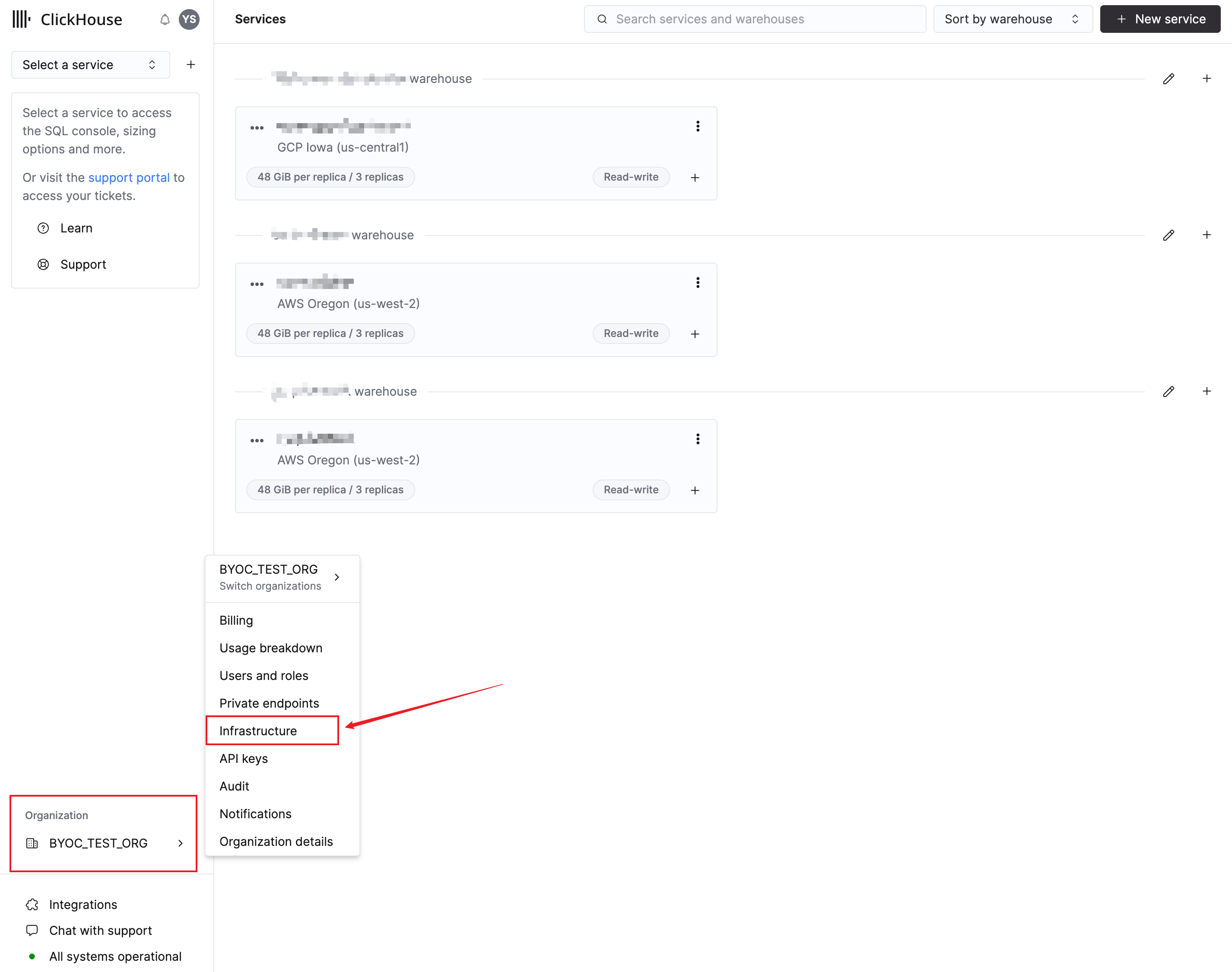 Страница инфраструктуры BYOC