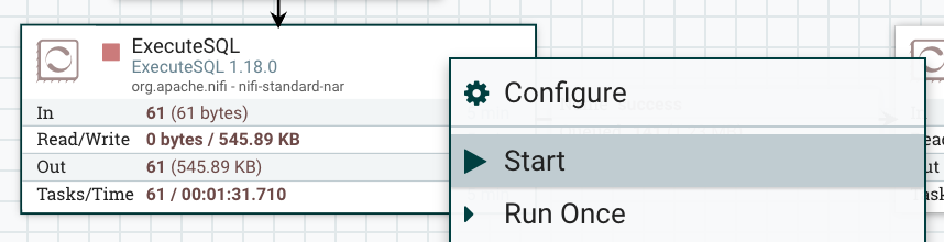 Окно настройки процессора ExecuteSQL с заполненными свойствами
